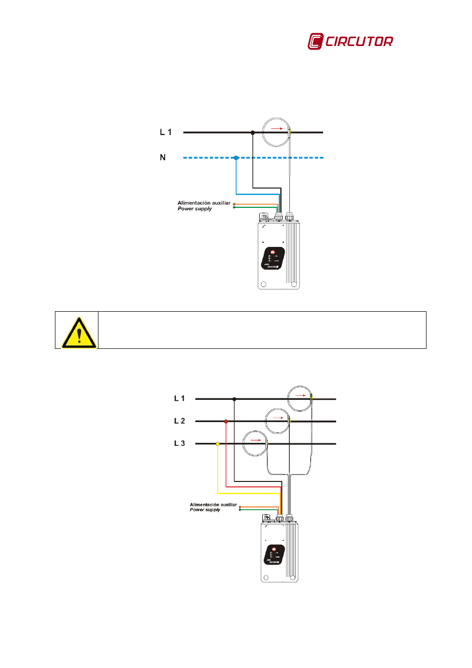 Single-phase connection diagram, Three-phase connection diagram (3 wires) | CIRCUTOR CIRe3 Series User Manual | Page 29 / 50