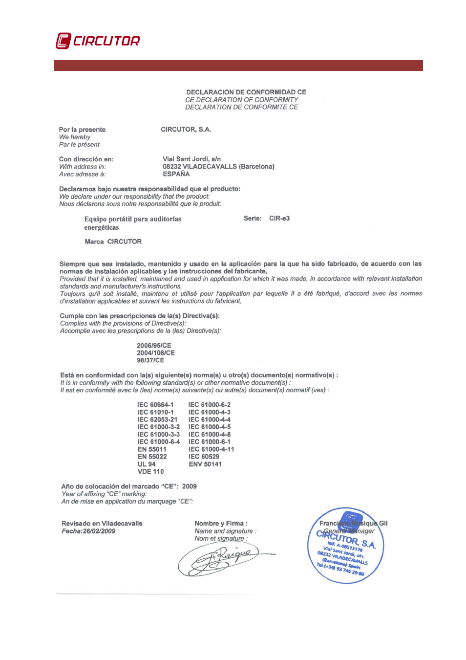 Ce certificate | CIRCUTOR CIRe3 Series User Manual | Page 50 / 50