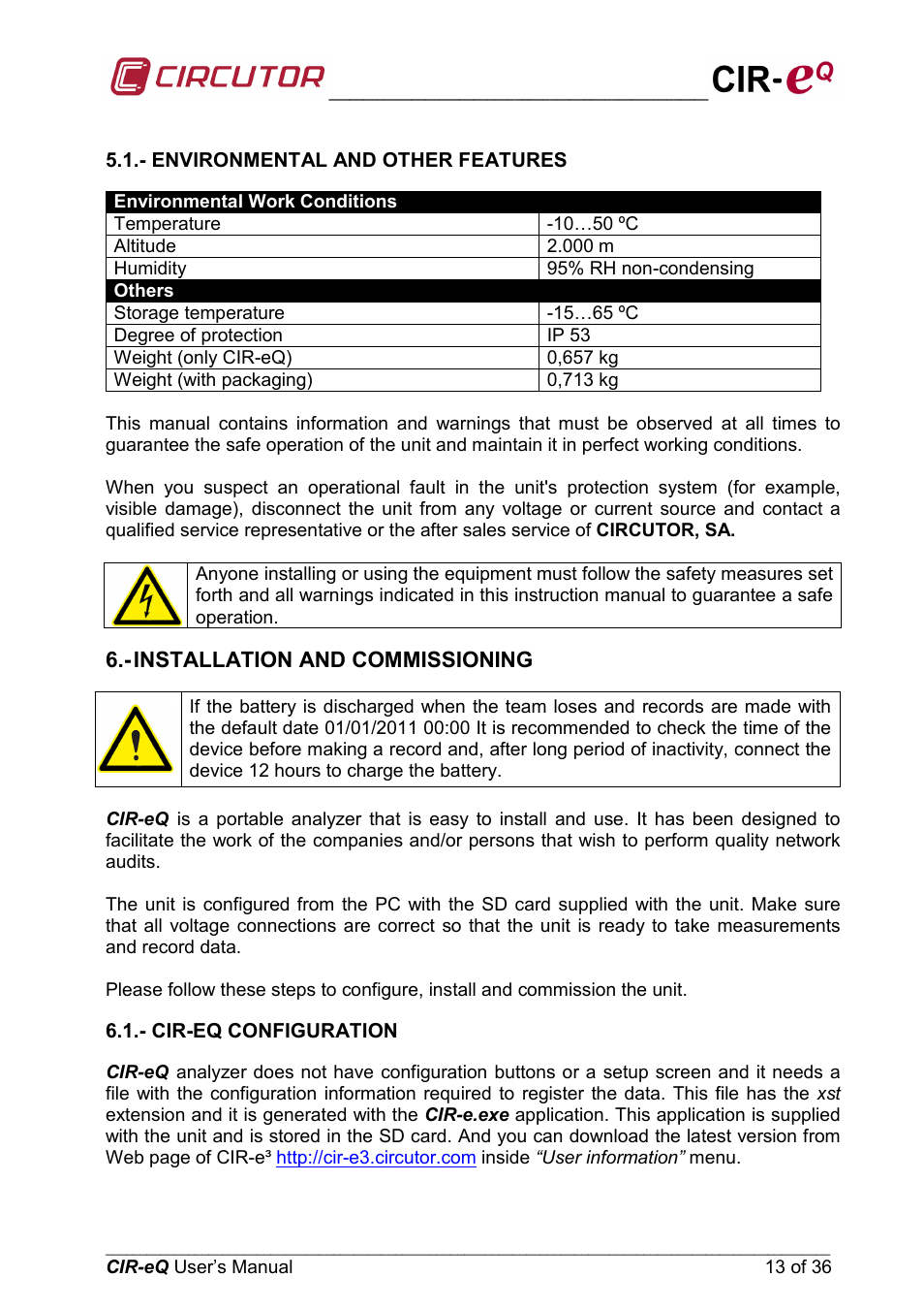 Environmental and other features, Installation and commissioning, Cir-eq configuration | CIRCUTOR CIReQ User Manual | Page 13 / 36