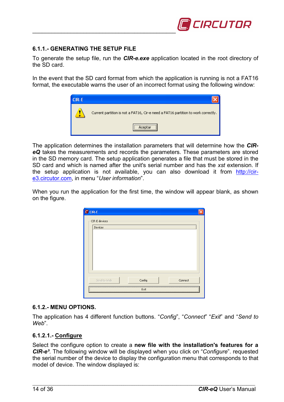 Generating the setup file, Menu options, Configure | CIRCUTOR CIReQ User Manual | Page 14 / 36