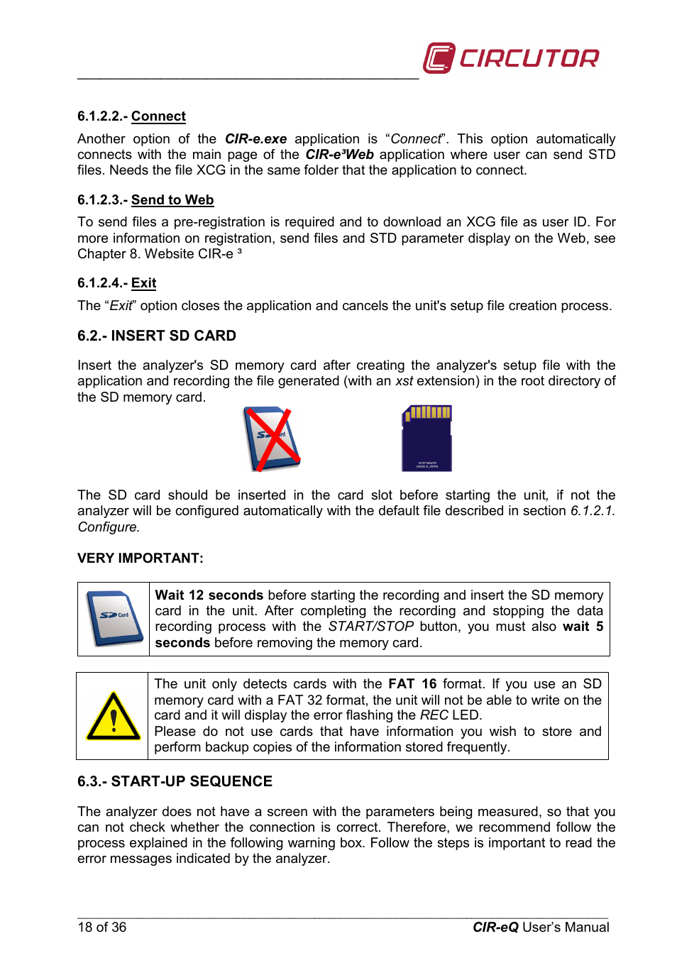 Connect, Send to web, Exit | Insert sd card, Start-up sequence | CIRCUTOR CIReQ User Manual | Page 18 / 36