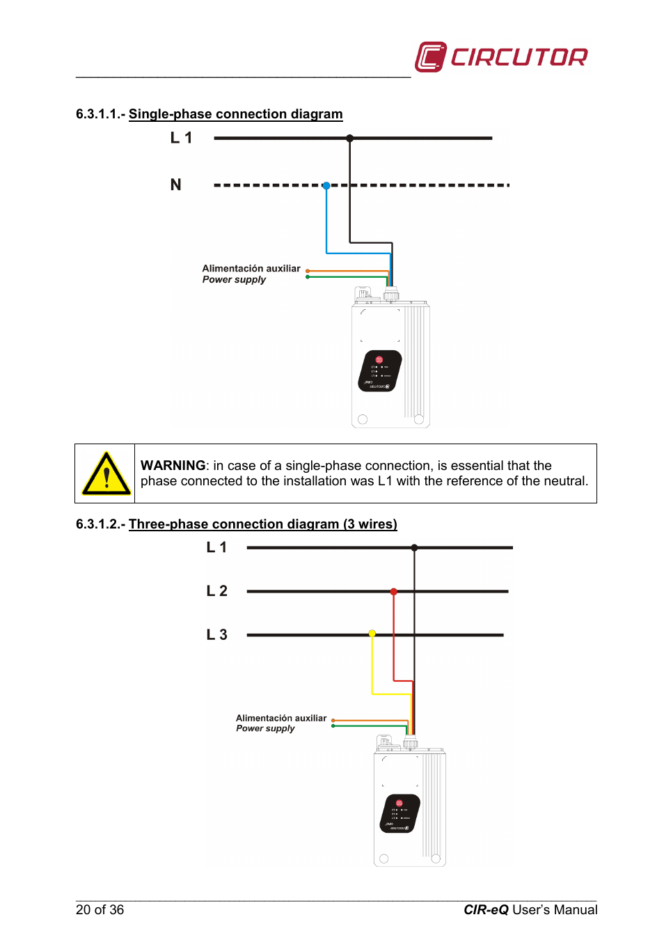 Single-phase connection diagram, Three-phase connection diagram (3 wires) | CIRCUTOR CIReQ User Manual | Page 20 / 36