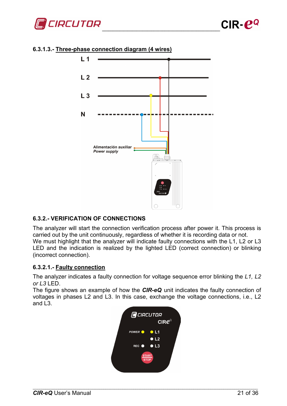 Three-phase connection diagram (4 wires), Verification of connections, Faulty connection | CIRCUTOR CIReQ User Manual | Page 21 / 36