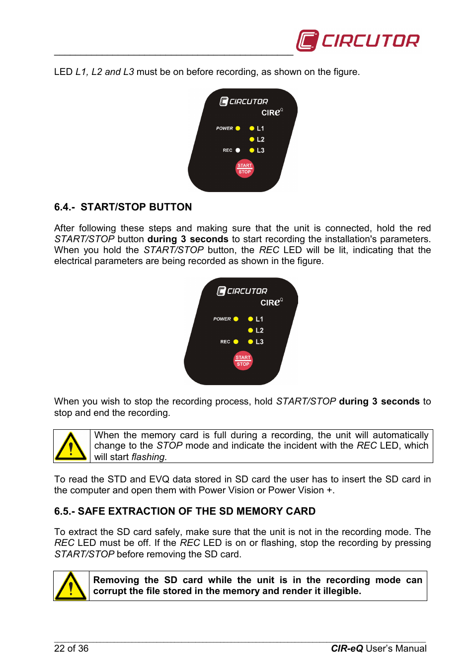Start/stop button, Safe extraction of the sd memory card | CIRCUTOR CIReQ User Manual | Page 22 / 36