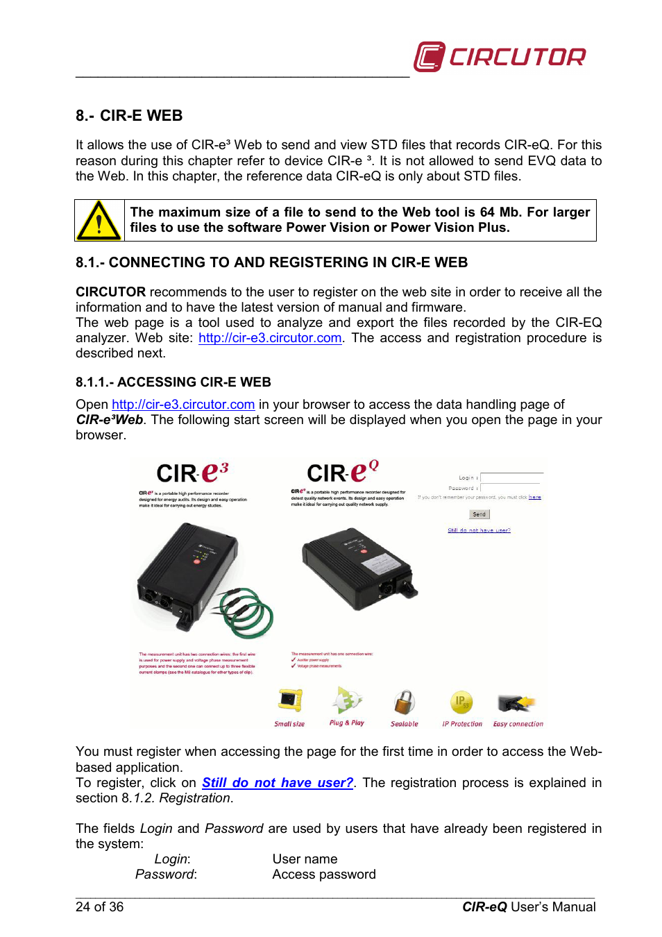 Cir-e web, Connecting to and registering in cir-e web, Accessing cir-e web | Registro | CIRCUTOR CIReQ User Manual | Page 24 / 36
