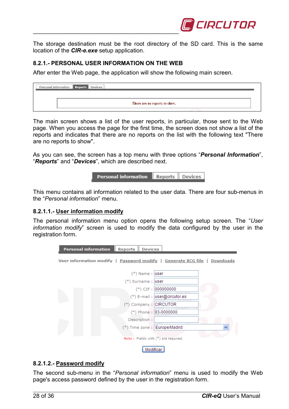 Personal user information on the web, User information modify, Password modify | CIRCUTOR CIReQ User Manual | Page 28 / 36