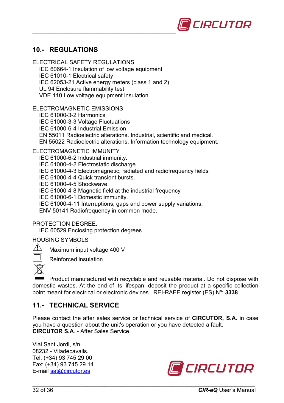 Regulations, Technical service | CIRCUTOR CIReQ User Manual | Page 32 / 36