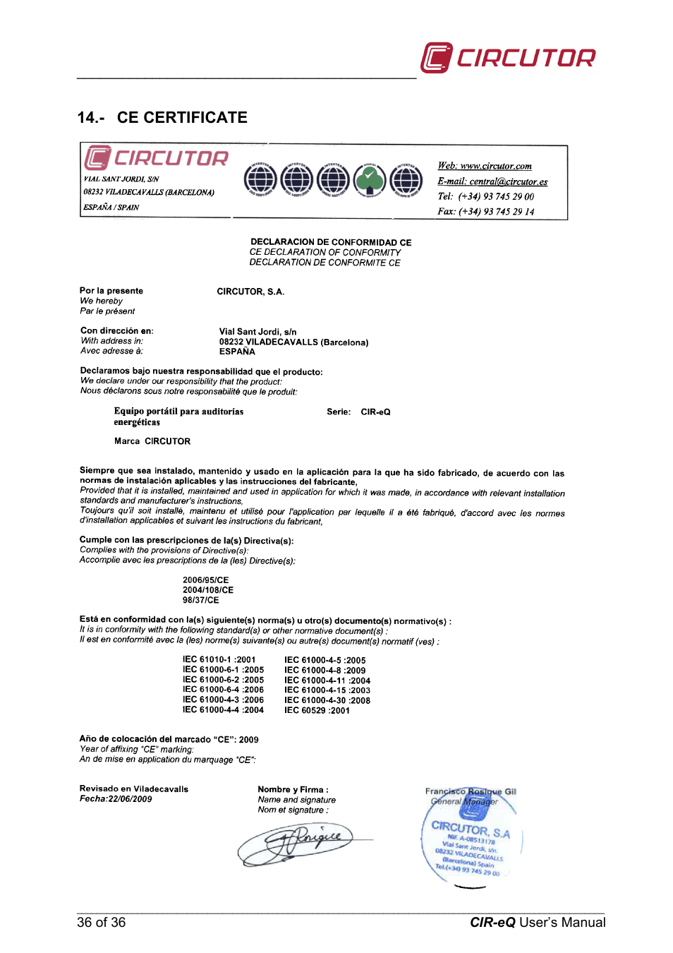 Ce certificate | CIRCUTOR CIReQ User Manual | Page 36 / 36