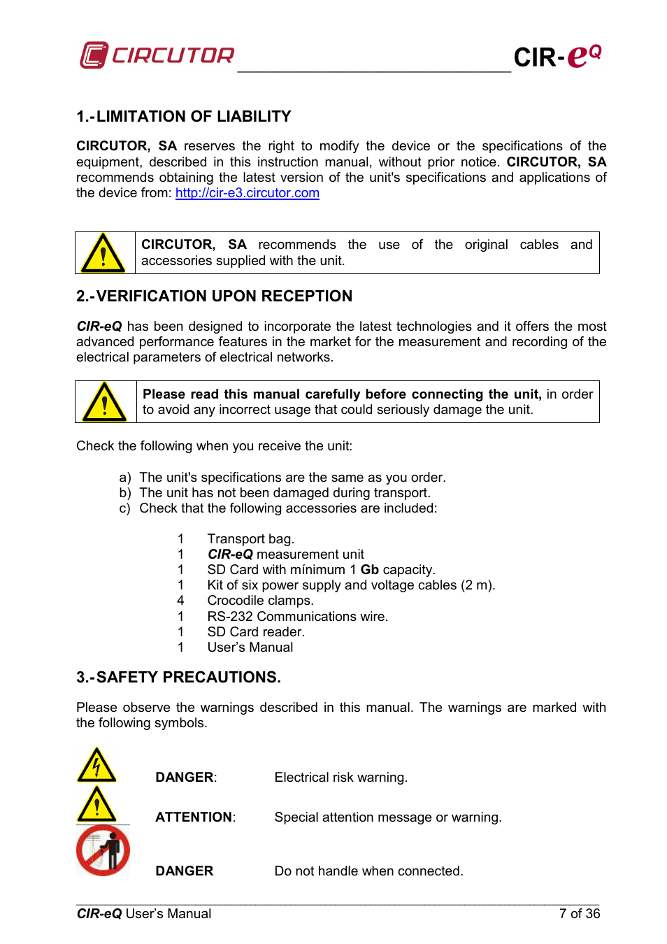 Limitation of liability, Verification upon reception, Safety precautions | CIRCUTOR CIReQ User Manual | Page 7 / 36