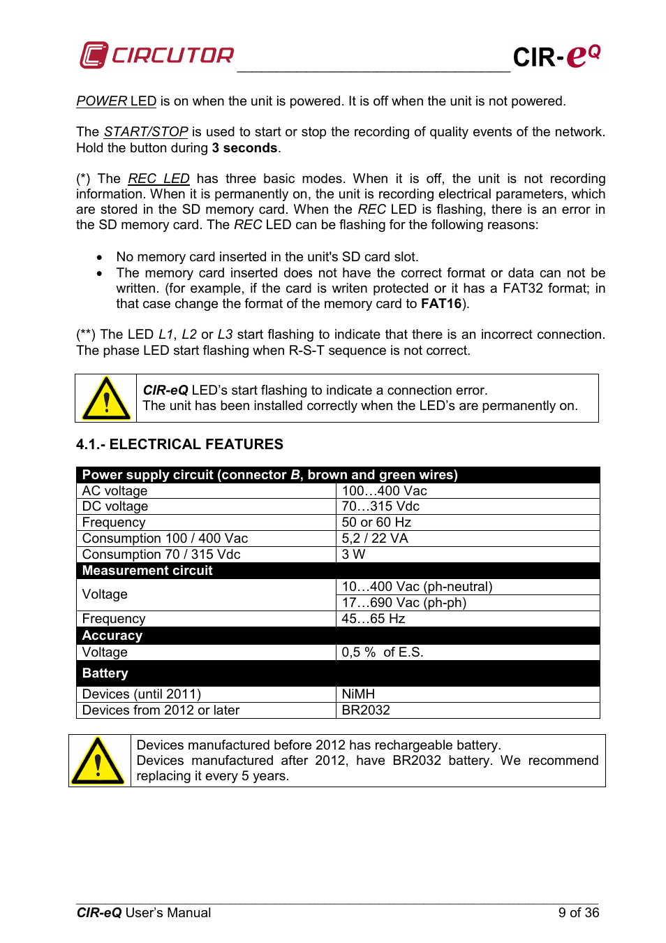 Electrical features | CIRCUTOR CIReQ User Manual | Page 9 / 36