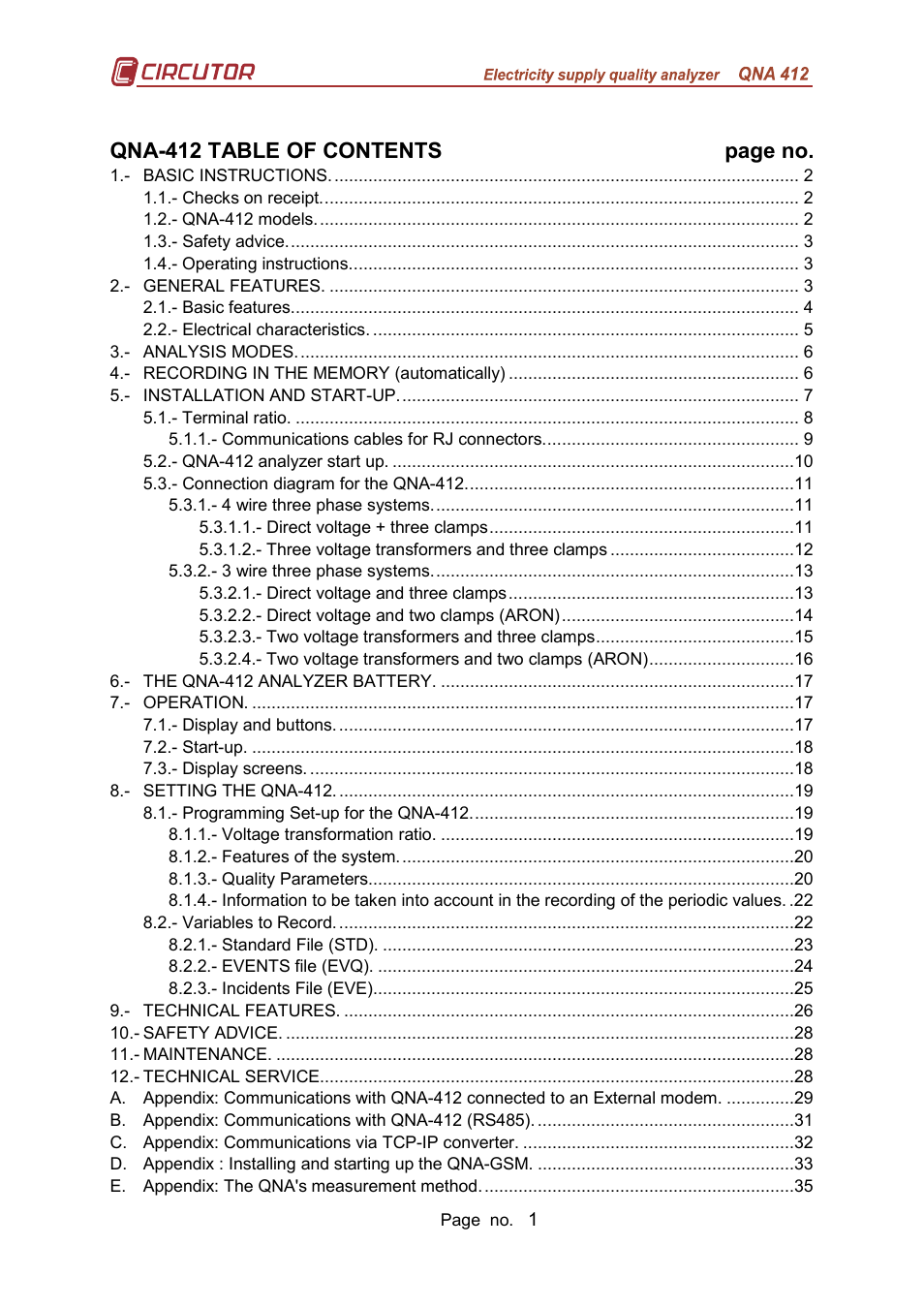 Qna-412 table of contents page no | CIRCUTOR QNA-P Series User Manual | Page 2 / 36