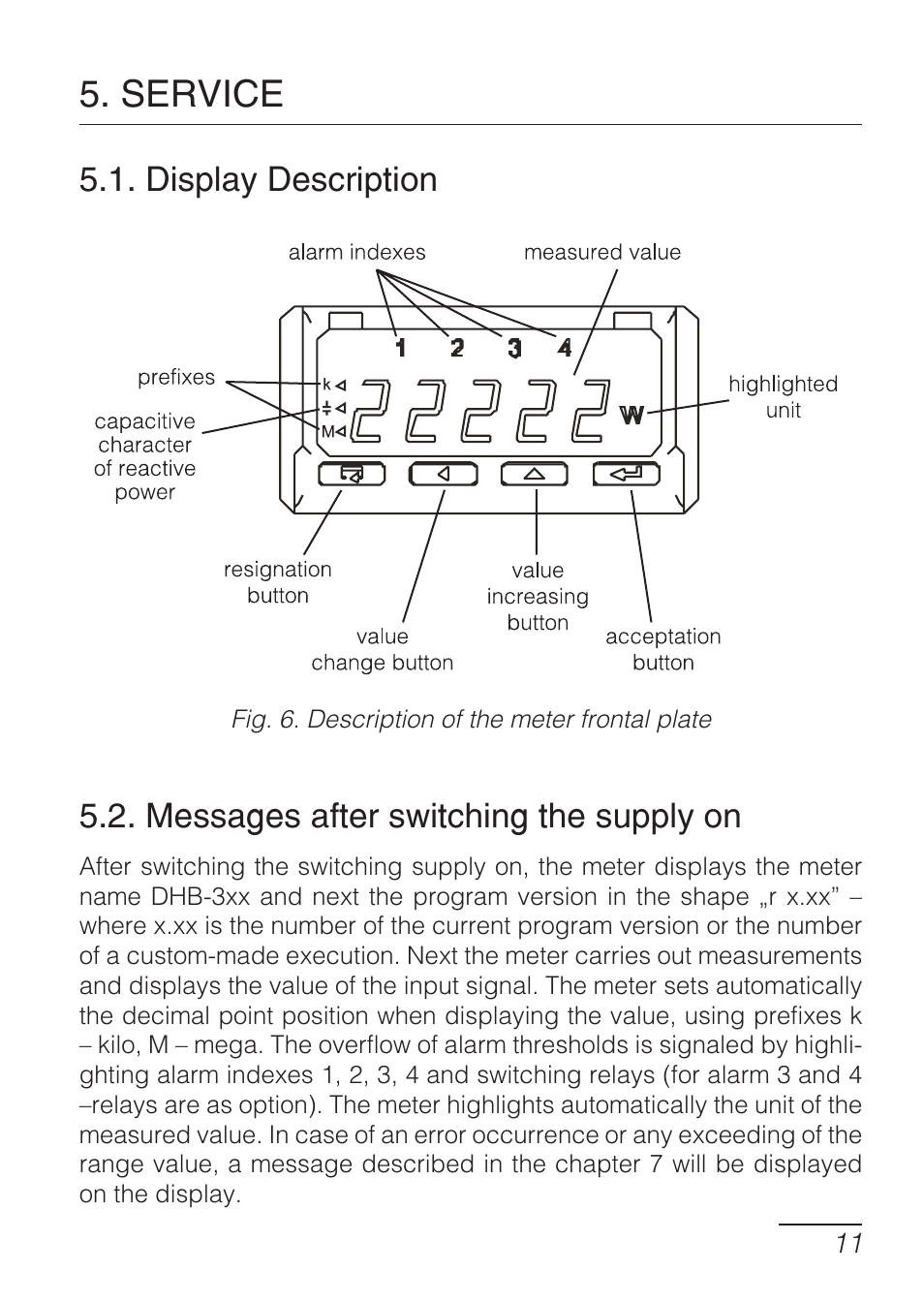Service, Display description, Messages after switching the supply on | CIRCUTOR DHB Series User Manual | Page 11 / 54