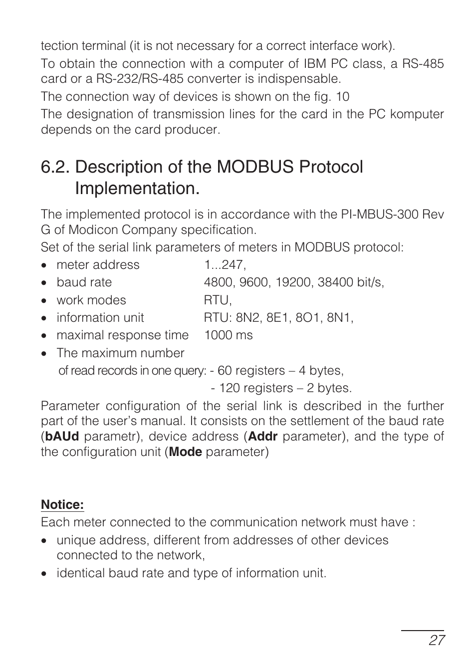 Description of the modbus protocol implementation | CIRCUTOR DHB Series User Manual | Page 27 / 54