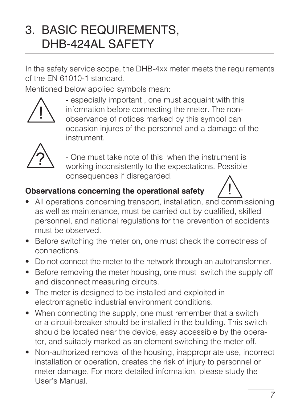 Basic requirements, dhb-424al safety | CIRCUTOR DHB Series User Manual | Page 7 / 50