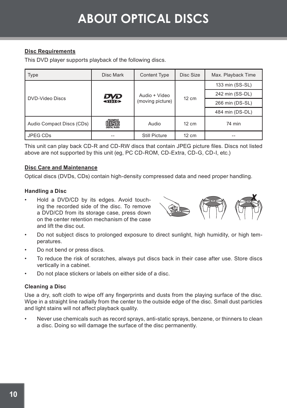 About optical discs, Disc requirements, Disc care and maintenance | Handling a disc, Cleaning a disc | COBY electronic TFDVD1029 User Manual | Page 10 / 28