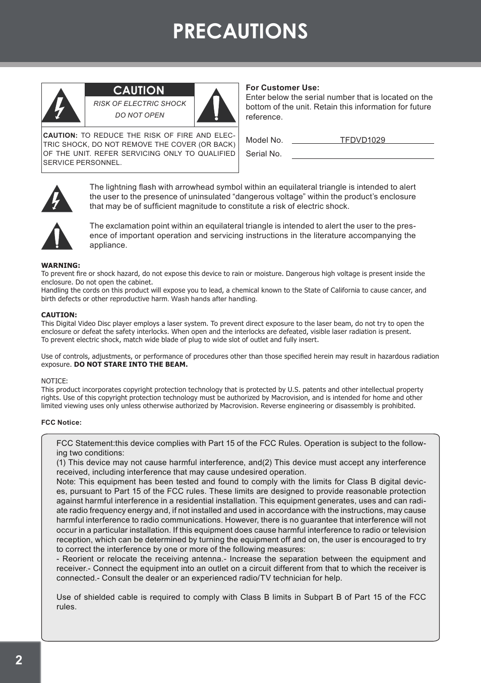 Precautions, Caution | COBY electronic TFDVD1029 User Manual | Page 2 / 28