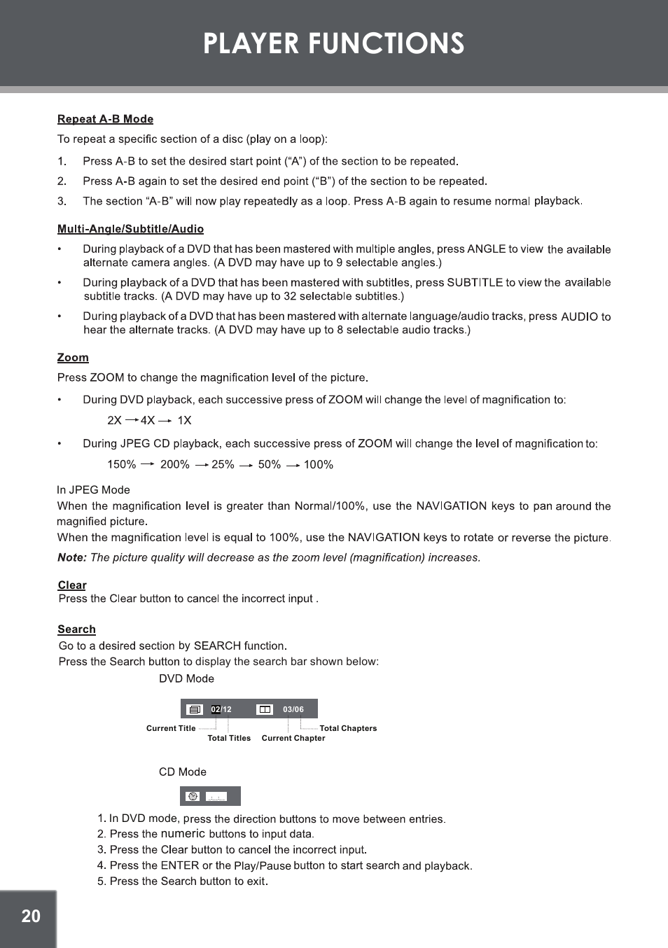 Basic operations, Radio mode, Player functions | COBY electronic TFDVD1029 User Manual | Page 20 / 28