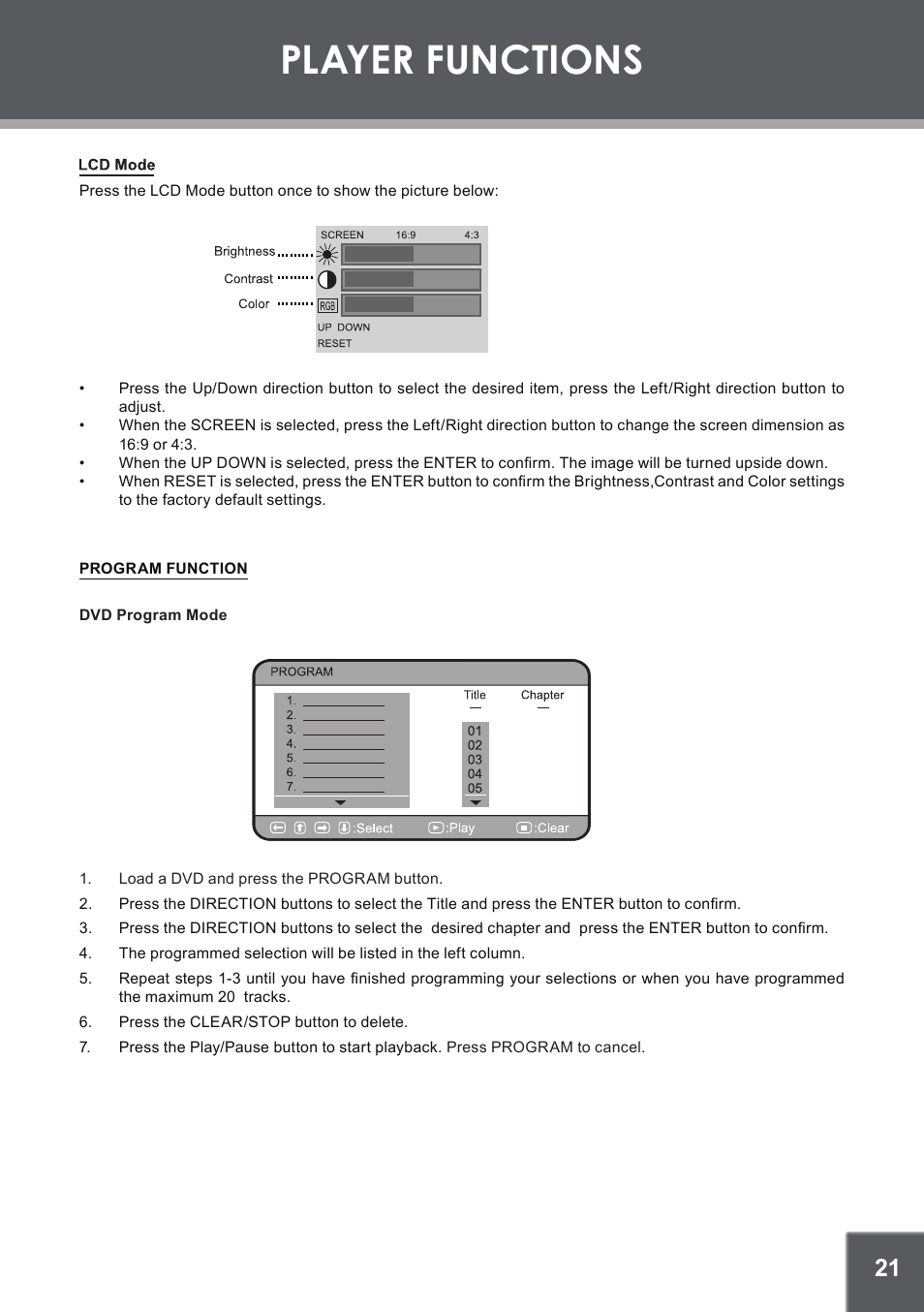 Player functions | COBY electronic TFDVD1029 User Manual | Page 21 / 28