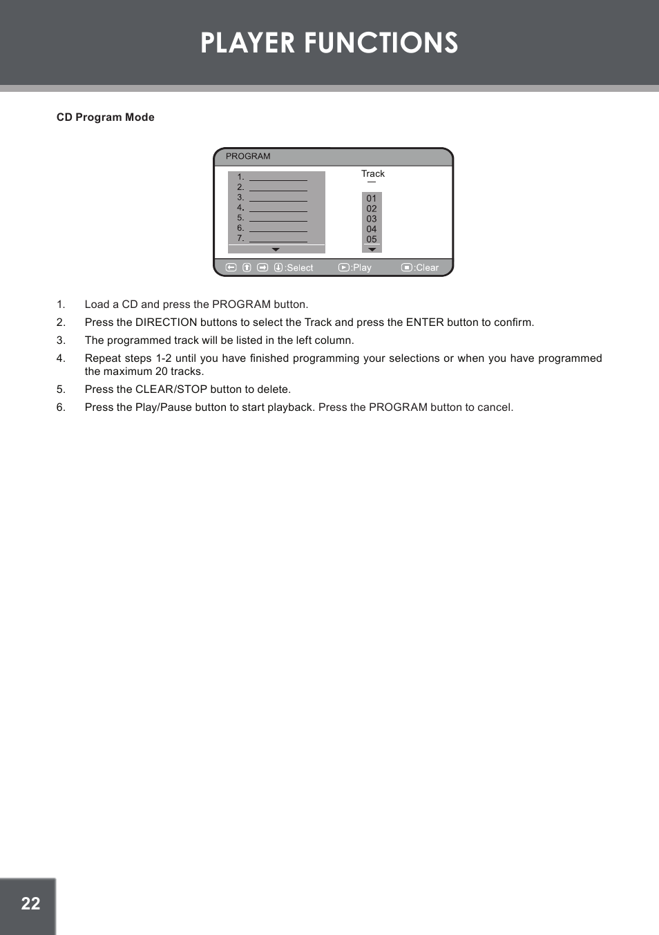 Player functions | COBY electronic TFDVD1029 User Manual | Page 22 / 28