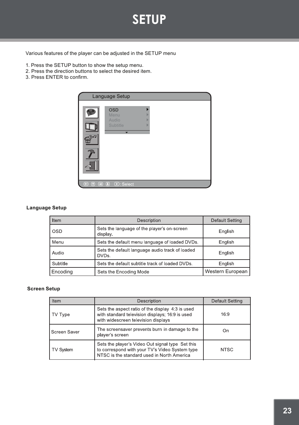 Custom setup, Audio setup, Setup | COBY electronic TFDVD1029 User Manual | Page 23 / 28