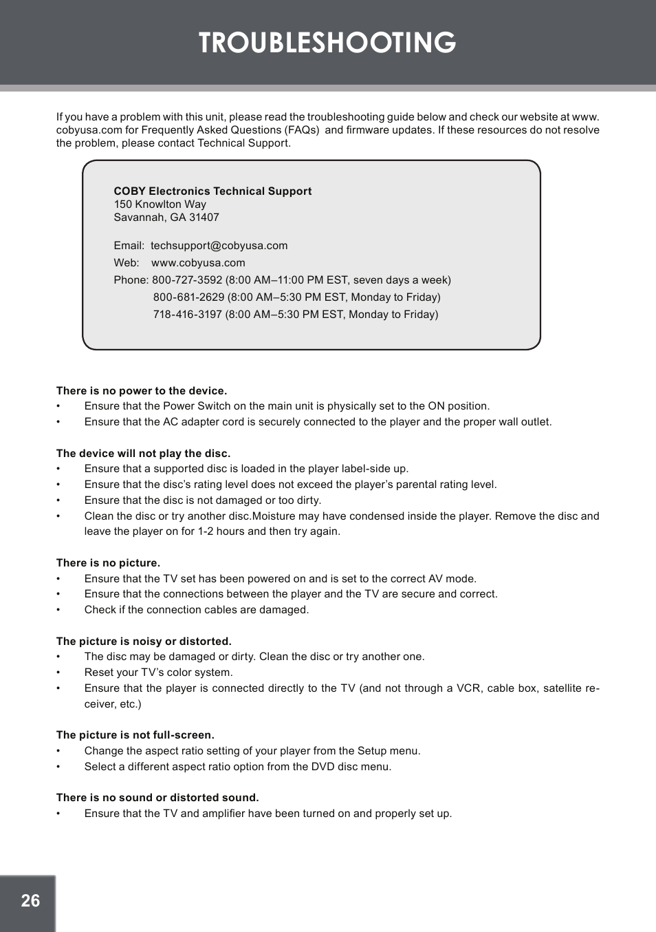 Troubleshooting | COBY electronic TFDVD1029 User Manual | Page 26 / 28