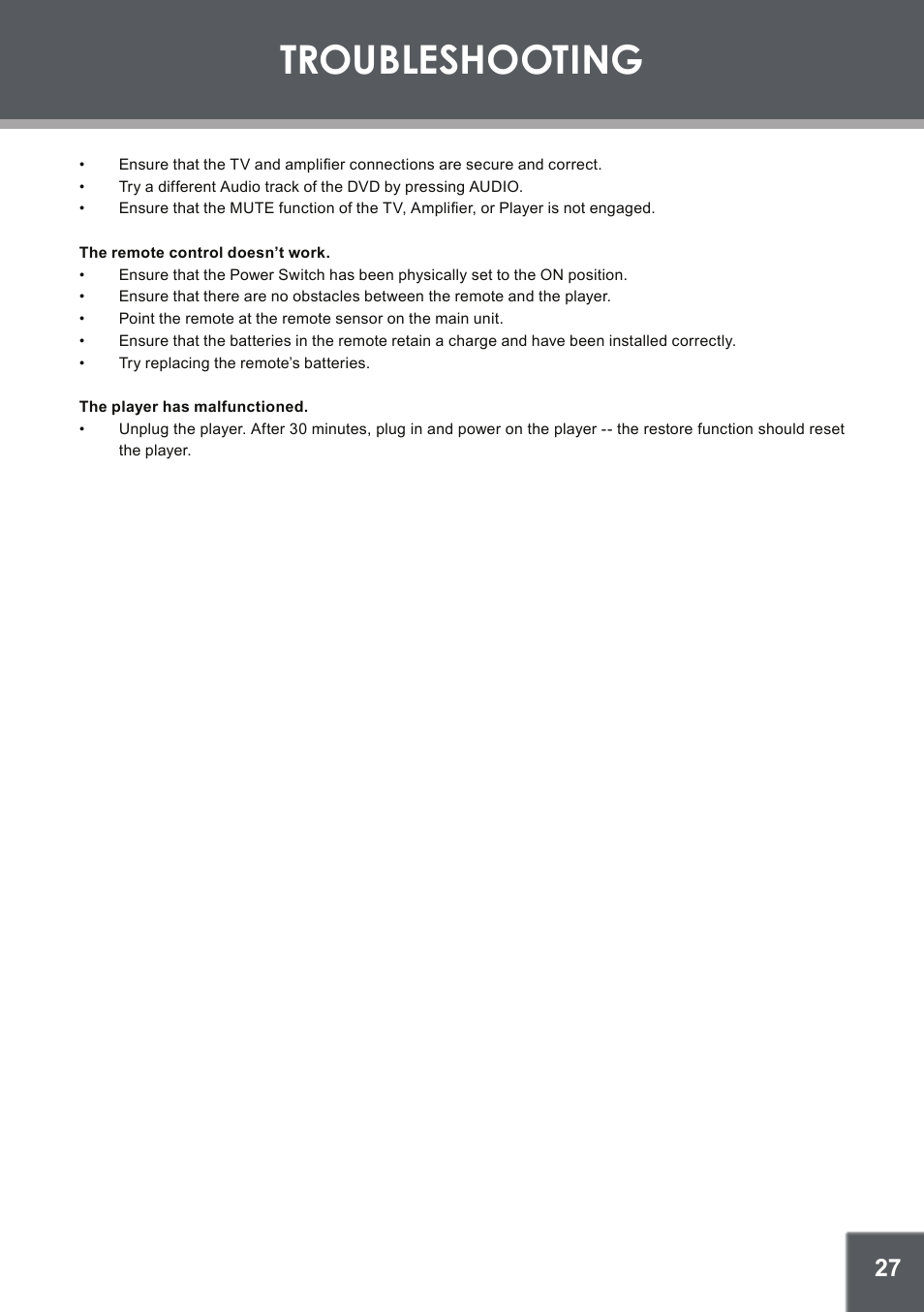 Troubleshooting | COBY electronic TFDVD1029 User Manual | Page 27 / 28