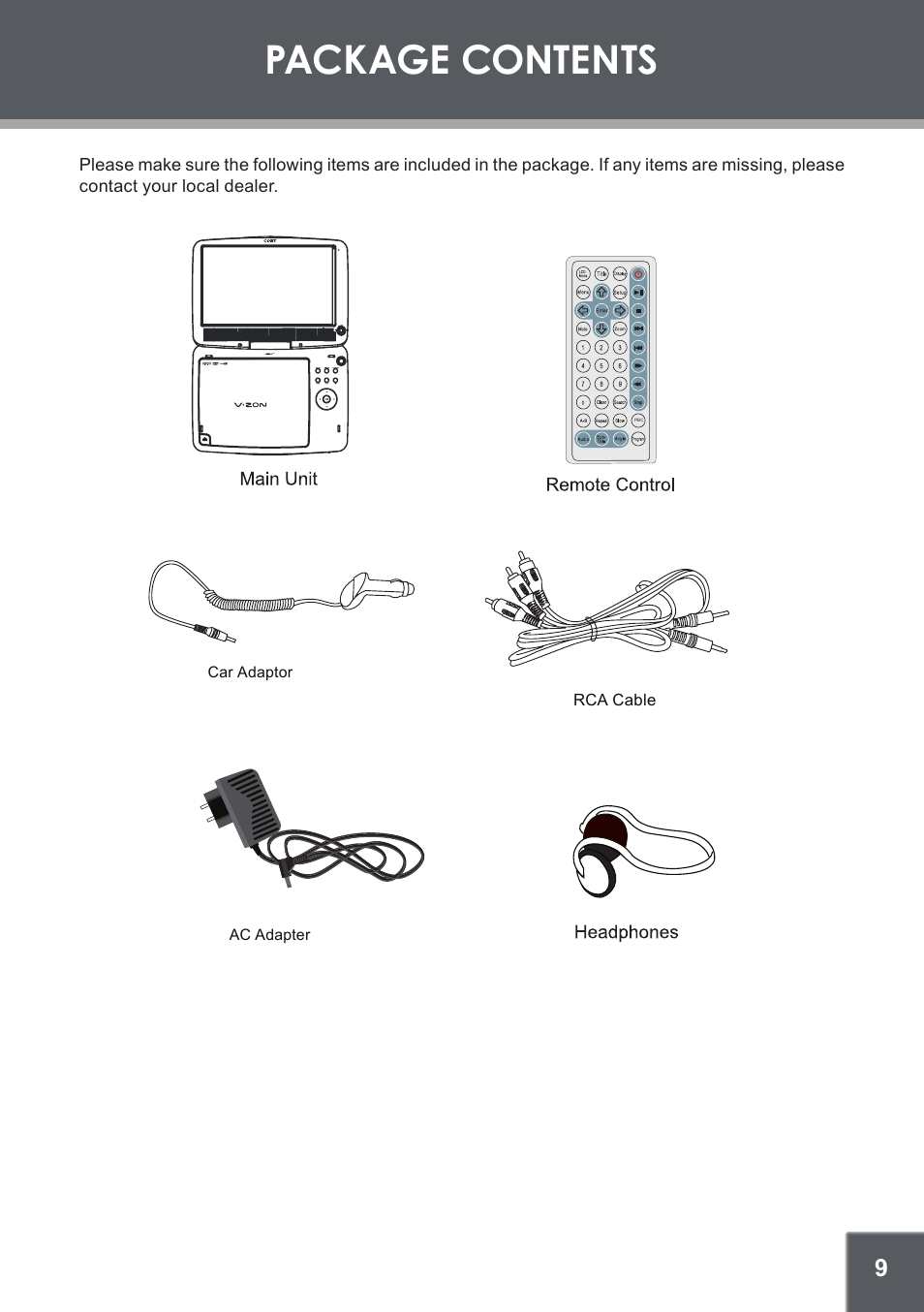 Package contents | COBY electronic TFDVD1029 User Manual | Page 9 / 28