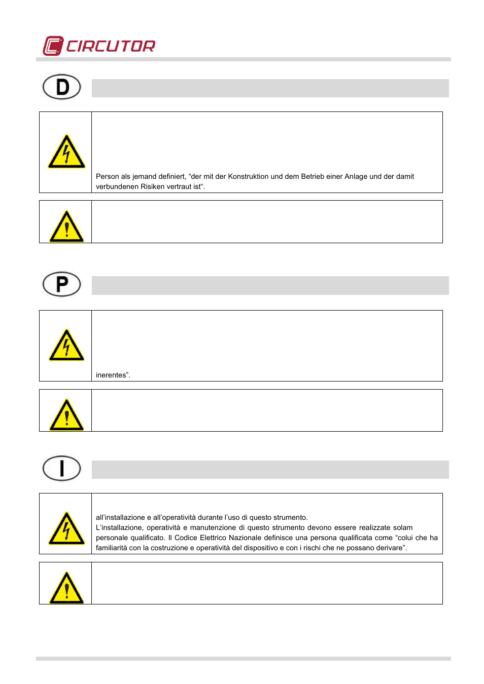 Warnhinweise / symbole, Advertências / símbolos, Avvertenze / simboli | CIRCUTOR CIRWATT-B410T Series User Manual | Page 3 / 53