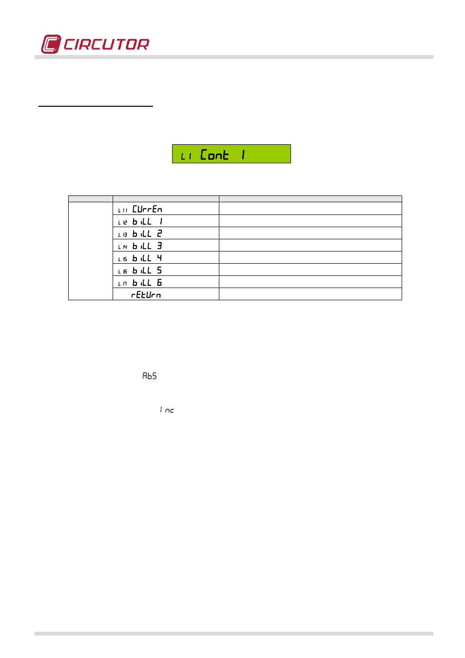Menu screens, Cont 1, It gives access to other, secondary menu screens | Curren, Bill 1, Bill 2, Bill 3, Bill 4, Bill 5, Bill 6 | CIRCUTOR CIRWATT-B410T Series User Manual | Page 35 / 53