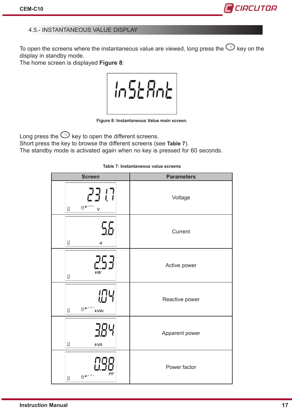 Instantaneous value display | CIRCUTOR CEM-C10 series User Manual | Page 17 / 36