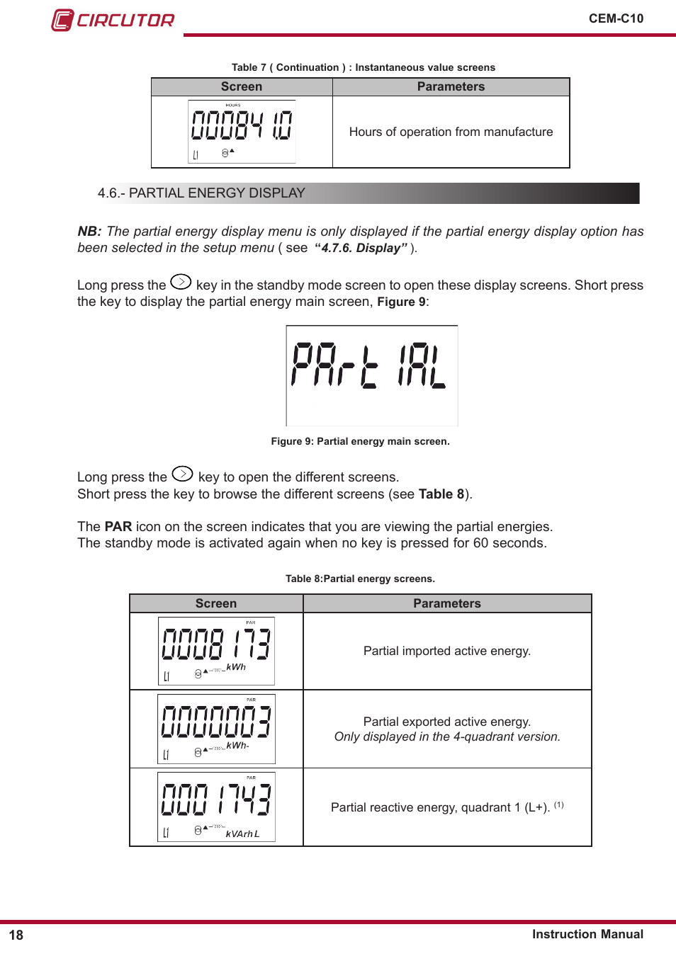 Partial energy display | CIRCUTOR CEM-C10 series User Manual | Page 18 / 36