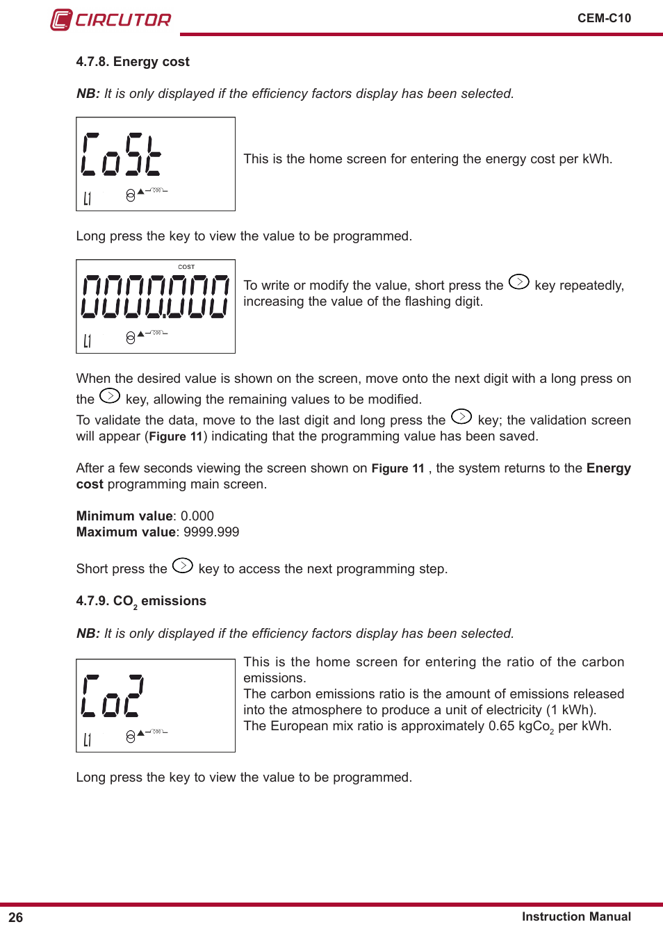 Co2 emissions, Energy cost, 4�7�9� co | CIRCUTOR CEM-C10 series User Manual | Page 26 / 36