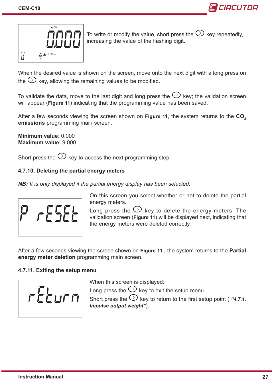 Exiting the setup menu, Deleting the partial energy meters | CIRCUTOR CEM-C10 series User Manual | Page 27 / 36
