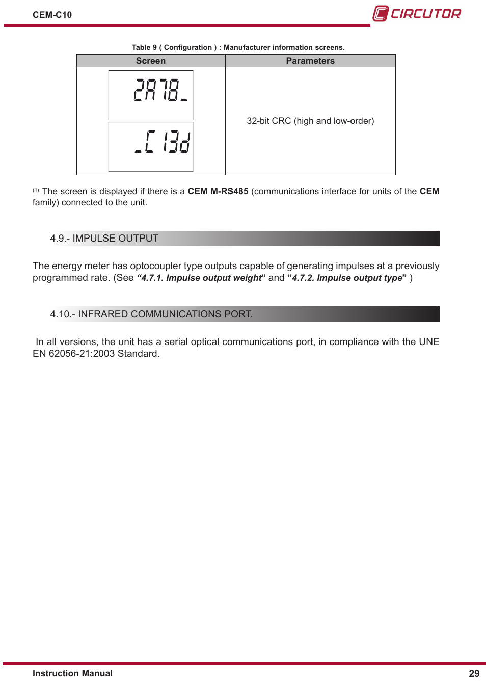Impulse output, Infrared communications port | CIRCUTOR CEM-C10 series User Manual | Page 29 / 36
