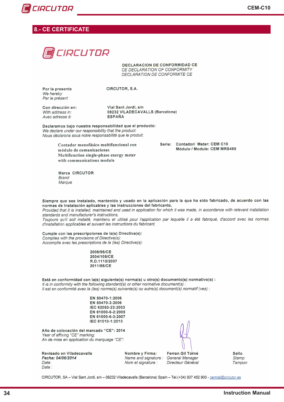 Ce certificate | CIRCUTOR CEM-C10 series User Manual | Page 34 / 36