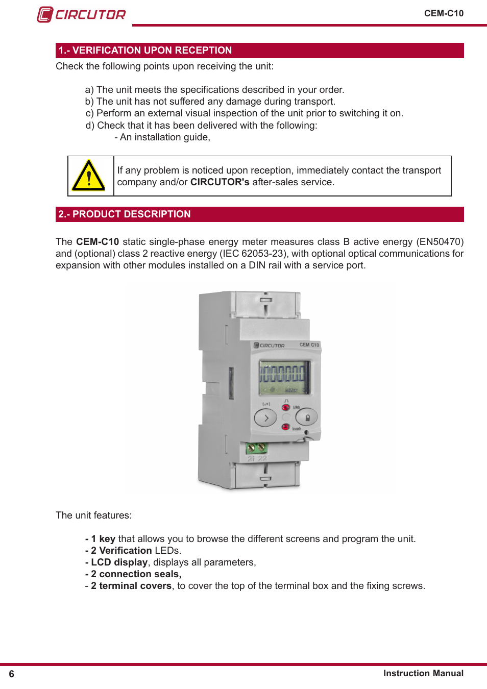 Verification upon reception, Product description | CIRCUTOR CEM-C10 series User Manual | Page 6 / 36