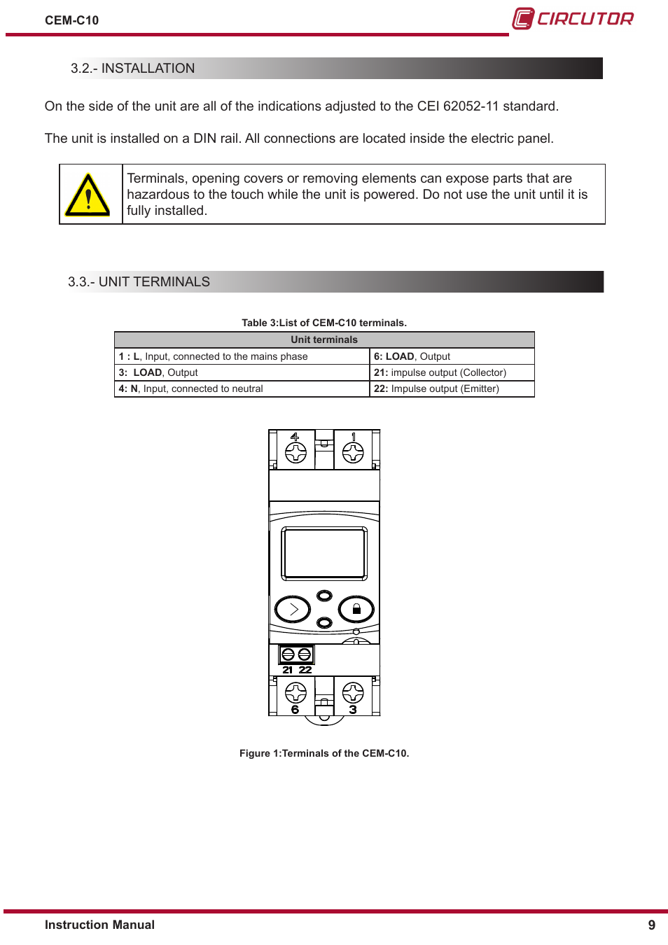 Installation, Unit terminals | CIRCUTOR CEM-C10 series User Manual | Page 9 / 36