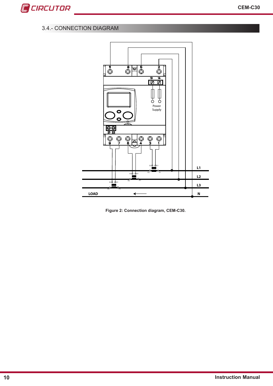 Connection diagram, Cem-c30 instruction manual, Figure 2: connection diagram, cem-c30 | CIRCUTOR CEM-C30 series User Manual | Page 10 / 42
