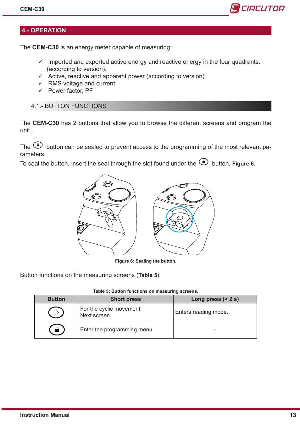Operation, Button functions | CIRCUTOR CEM-C30 series User Manual | Page 13 / 42