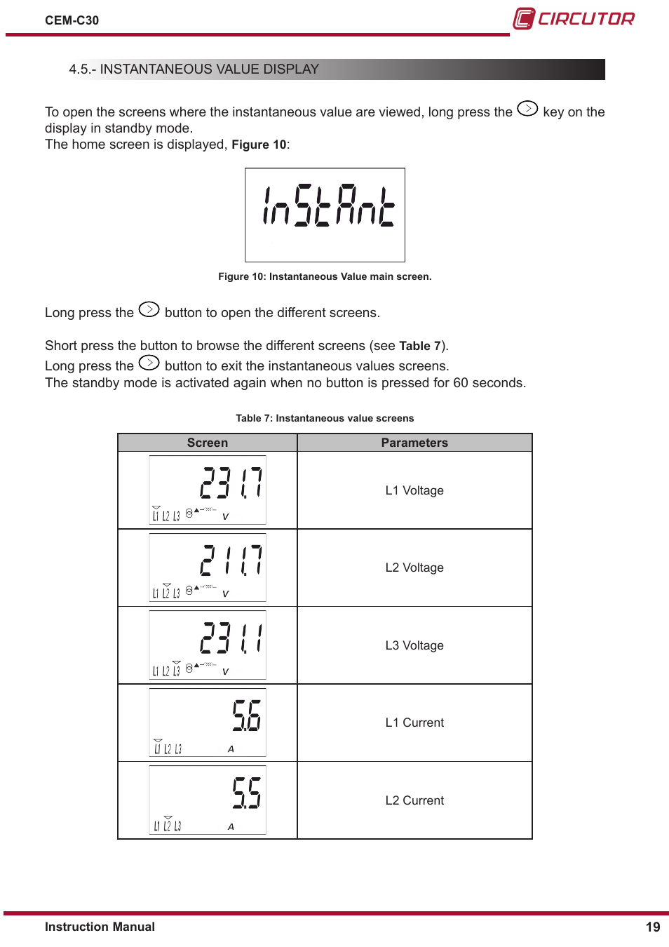 Instantaneous value display | CIRCUTOR CEM-C30 series User Manual | Page 19 / 42