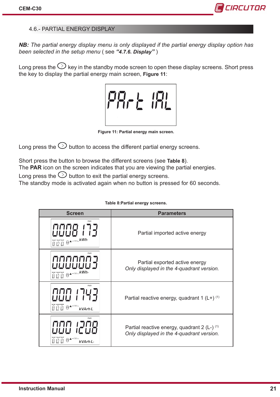 Partial energy display | CIRCUTOR CEM-C30 series User Manual | Page 21 / 42