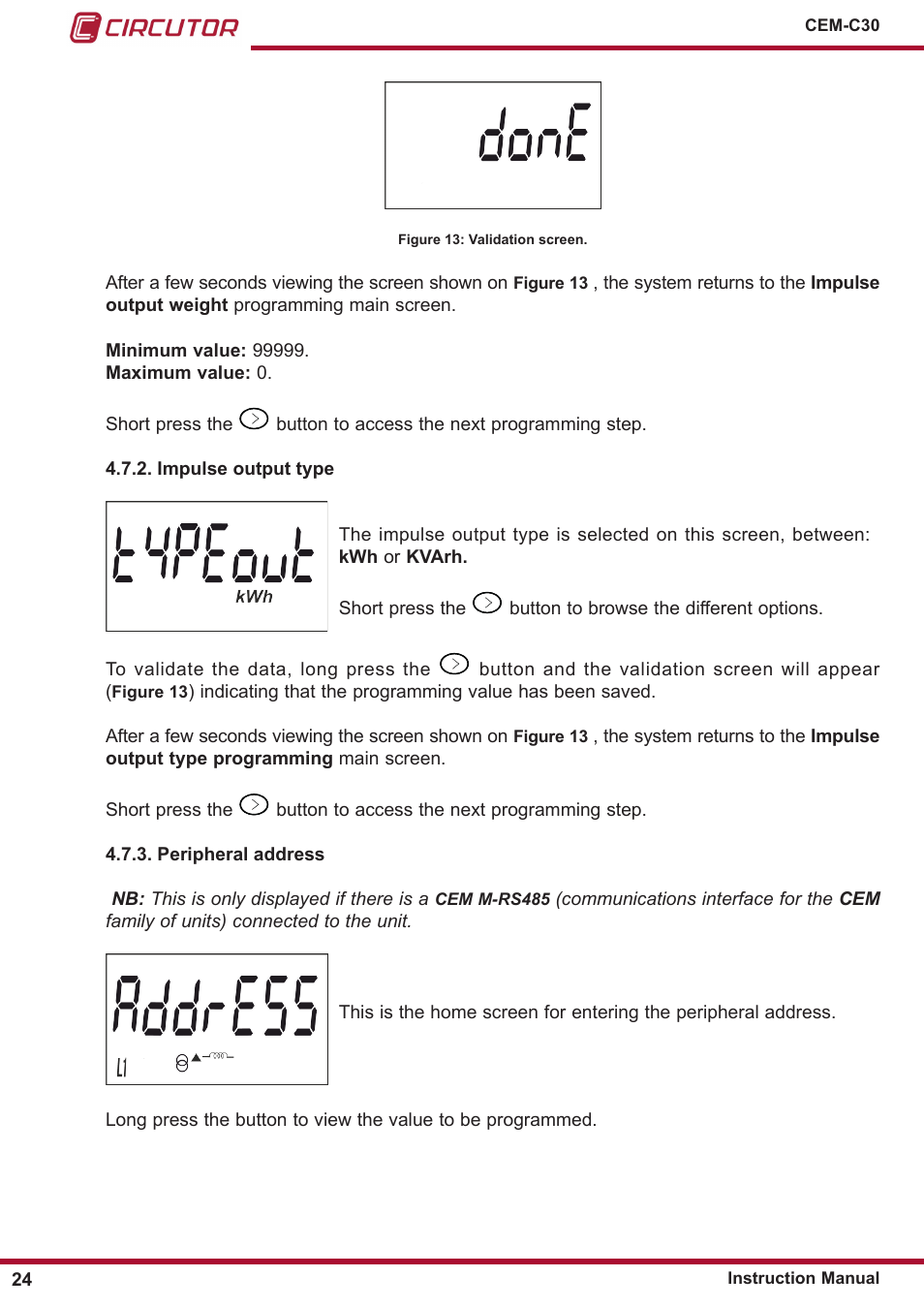 Peripheral address, Impulse output type, Figure 13 | CIRCUTOR CEM-C30 series User Manual | Page 24 / 42