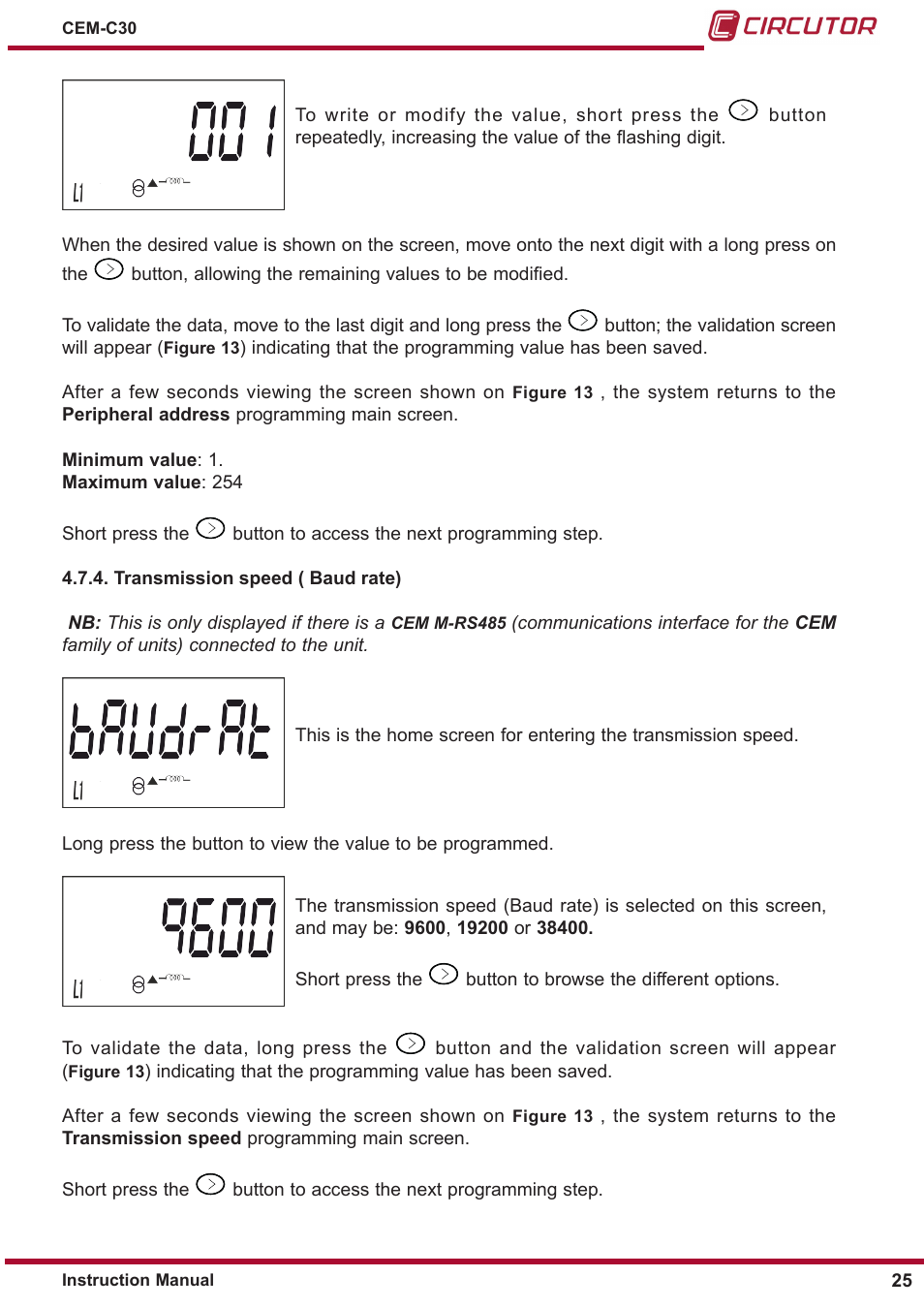 Transmission speed ( baud rate) | CIRCUTOR CEM-C30 series User Manual | Page 25 / 42