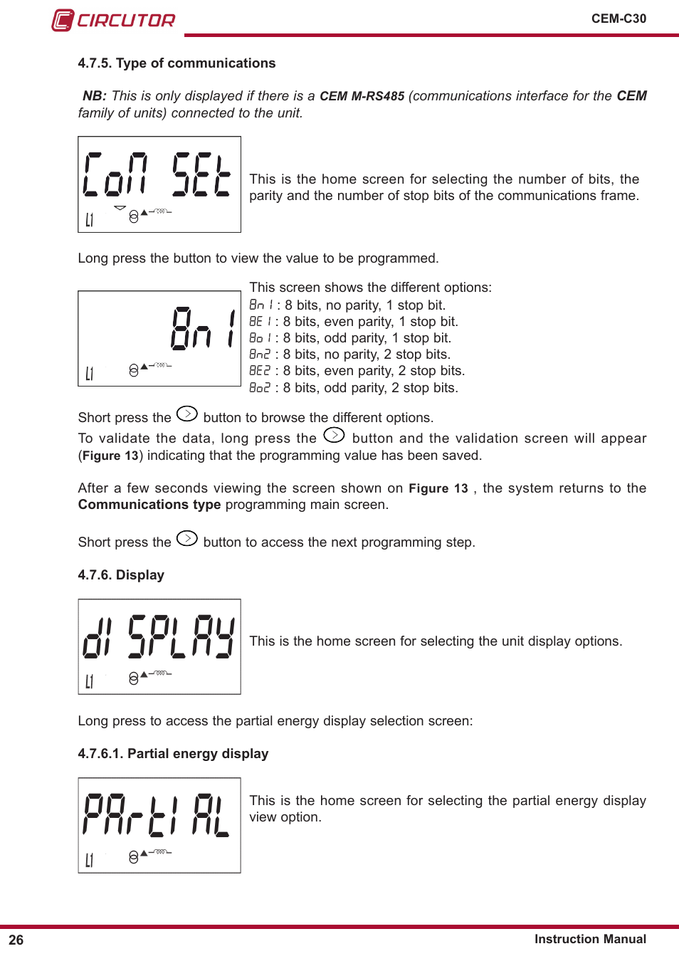 Display, Type of communications, Display ” ) | Display ”) | CIRCUTOR CEM-C30 series User Manual | Page 26 / 42