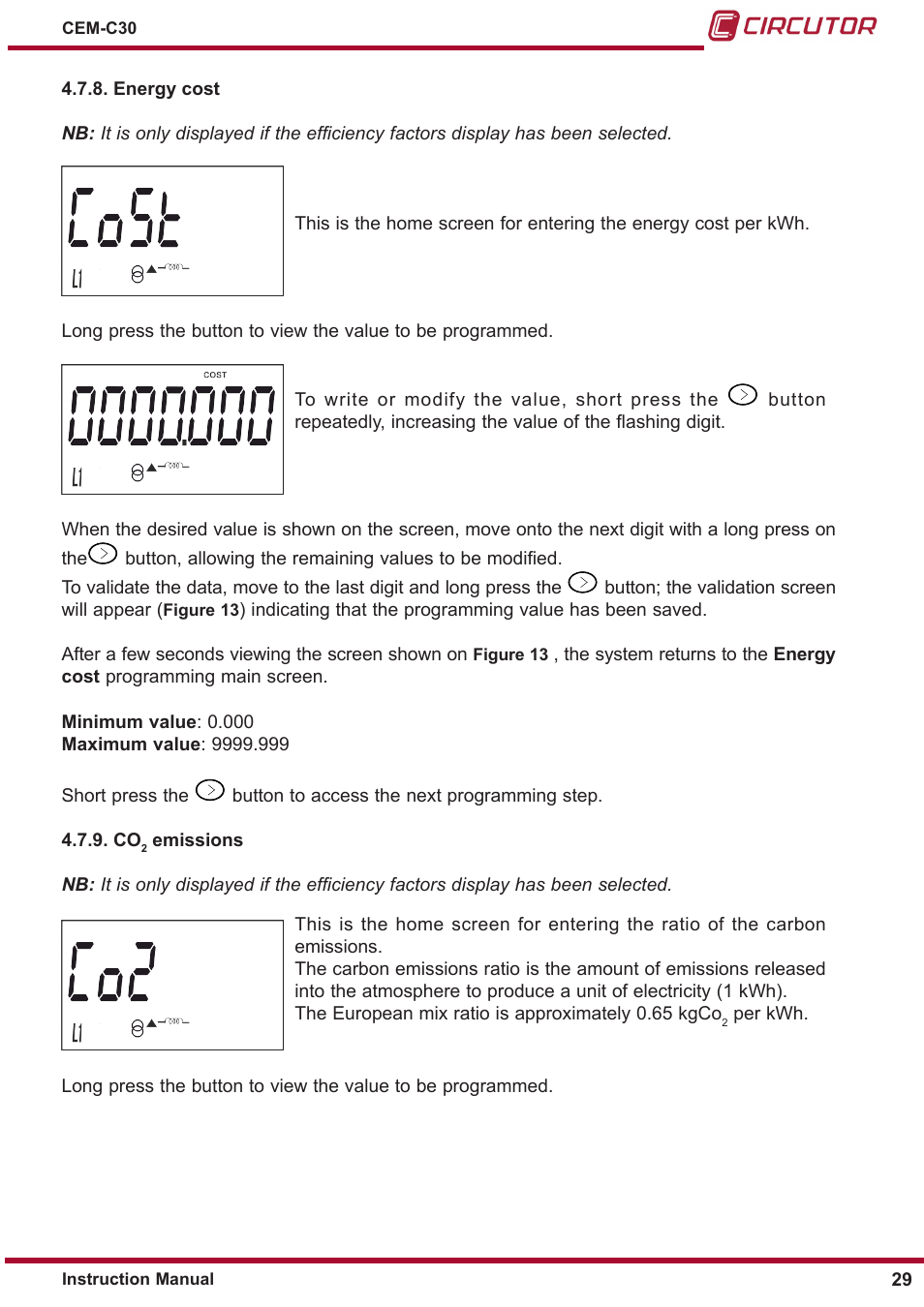 Co2 emissions, Energy cost, 4�7�9� co | CIRCUTOR CEM-C30 series User Manual | Page 29 / 42