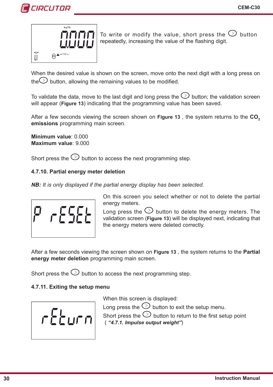 Exiting the setup menu, Partial energy meter deletion | CIRCUTOR CEM-C30 series User Manual | Page 30 / 42