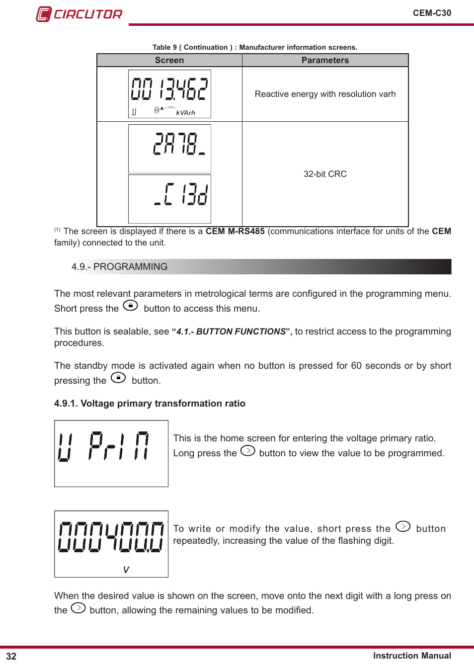 Voltage primary transformation ratio | CIRCUTOR CEM-C30 series User Manual | Page 32 / 42