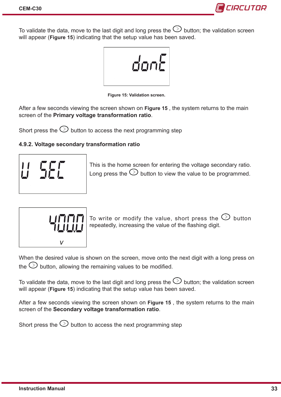 Voltage secondary transformation ratio | CIRCUTOR CEM-C30 series User Manual | Page 33 / 42