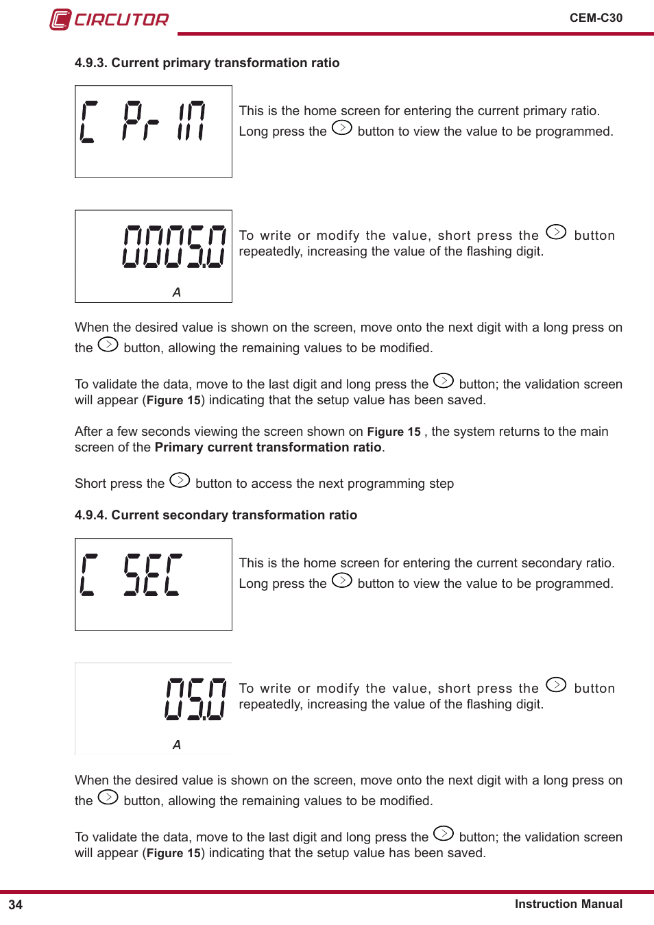 Current secondary transformation ratio, Current primary transformation ratio | CIRCUTOR CEM-C30 series User Manual | Page 34 / 42