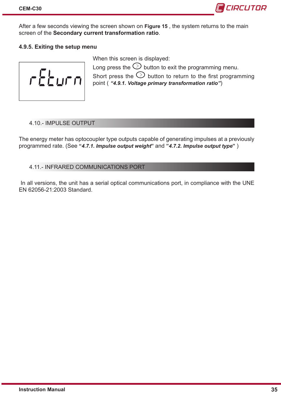 Exiting the setup menu, Impulse output, Infrared communications port | CIRCUTOR CEM-C30 series User Manual | Page 35 / 42